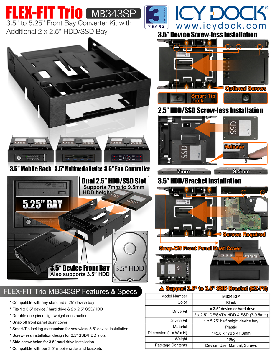 Icy Dock MB155SP-B, 5x3.5 in 3x5.25 Hot Swap SATA HDD Cage